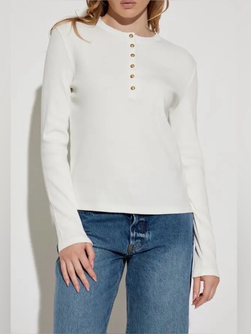 NWT Anine Bing Alessia White Ribbed Long-Sleeve Henley with Gold Buttons